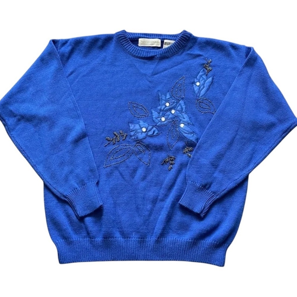 Vintage 80s Paris Sport Club Blue Acrylic Beaded Sweater Women’s Medium